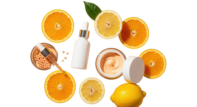 Fresh oranges and skincare products arranged in a circle on a transparent background