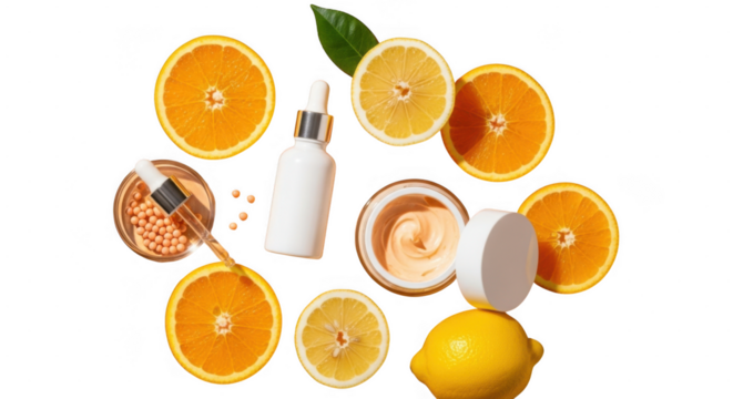 Fresh oranges and skincare products arranged in a circle on a transparent background - Powered by Adobe