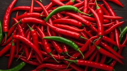 Red and green chili peppers, spicy ingredient close up top view.