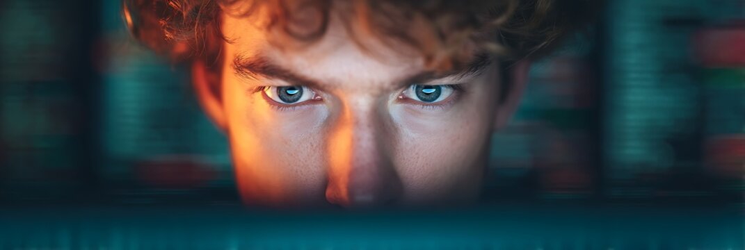 A focused individual gazes intently at a screen, highlighting concentration and engagement in a digital environment.