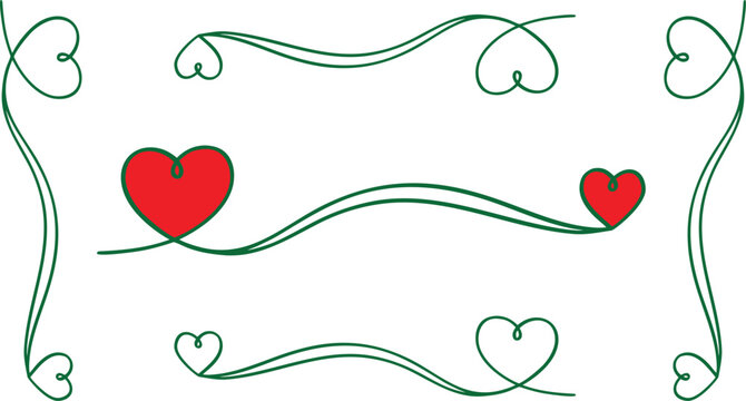 Decorative vector set of charming red hearts and intertwined green lines, perfect for romantic graphic accents, borders, and elegant digital design embellishments - Powered by Adobe
