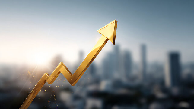 Realistic golden arrow rising upward above blurred city skyline, symbolizing financial growth and success, dramatic lighting, professional stock photo style,