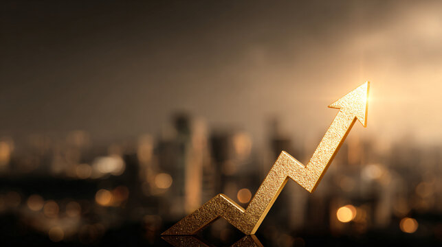 Realistic golden arrow rising upward above blurred city skyline, symbolizing financial growth and success, dramatic lighting, professional stock photo style, - Powered by Adobe