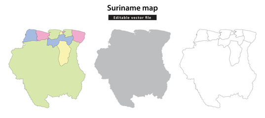 Suriname map. Three detailed vector maps of Suriname, showing its political divisions, a solid silhouette, and an outline with internal borders, suitable for geographic and educational purposes.