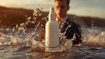A luxury white cosmetic spray bottle mockup with a dynamic water splash, featuring a man in a suit standing in the ocean at sunset