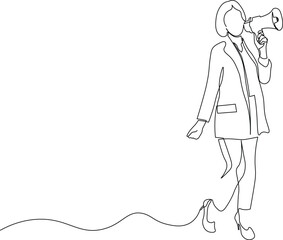 Strong Female Leader with Megaphone. Continuous Line Art of Motivation and Empowerment