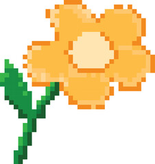 Obraz premium Bright orange pixel flower with green stem retro 16 bit game asset isolated vintage art