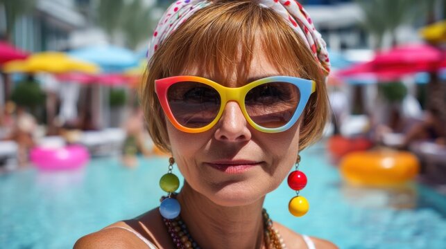 A stylish woman stands confidently by the pool surrounded by colorful umbrellas and floating pool toys. She sports vibrant sunglasses and cheerful accessories embodying summer fun.