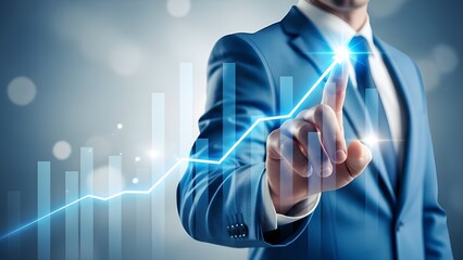 Businessman in a suit pointing to a glowing blue upward trending graph representing financial growth and success