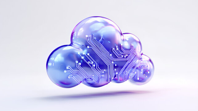 3D glass style purple blue cloud icon with circuit lines, representing cloud computing, storage, and networking on white background. Stock Illustration 