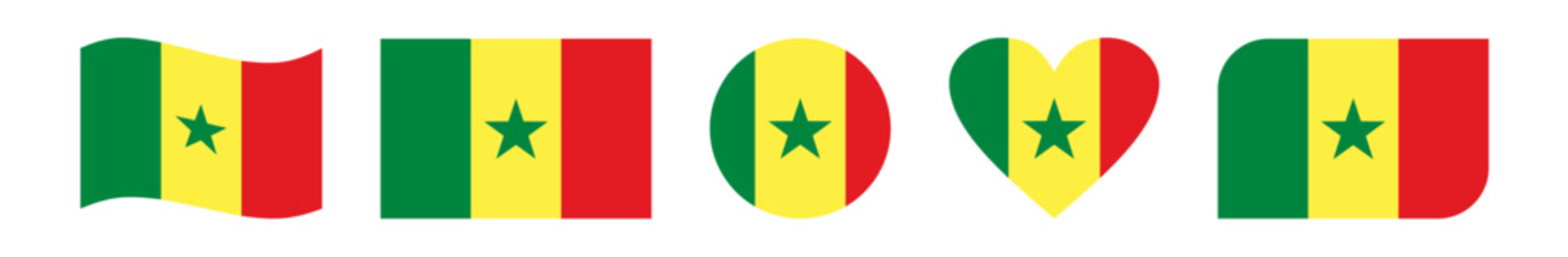 Set of five Senegal flag vector icons featuring waving, rectangular, circular, heart-shaped and rounded designs, ideal for patriotic themes, national celebrations and graphic projects