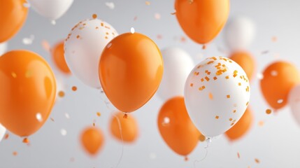 A collection of orange and white balloons hovers in the air accompanied by colorful confetti. The scene radiates joy and excitement perfect for a cheerful event.