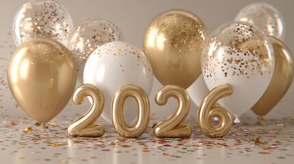 Golden and white balloons with confetti surround the number 2026 creating a festive atmosphere perfect for welcoming the New Year. The scene is joyful and celebratory ideal for a party.