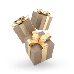 3D Gold Gift Boxes with Golden Ribbons Isolated on Transparent Background