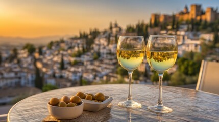 Two elegant glasses of white wine sit on a table alongside a bowl of olives. The sun sets over a beautiful city highlighting the architectural details against the warm sky.