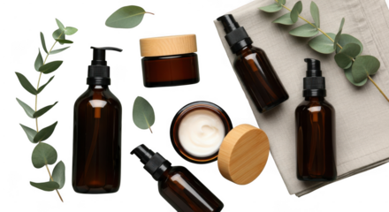 Bottles of essential oils, balms, and natural ingredients arranged on a transparent background