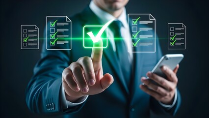 Businessman s finger touching a glowing green checkmark on a digital checklist interface with a smartphone in hand