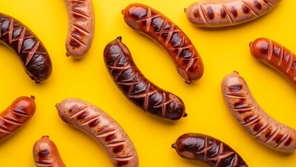 Assorted Grilled Sausages Overhead on Yellow Background, BBQ, Delicious