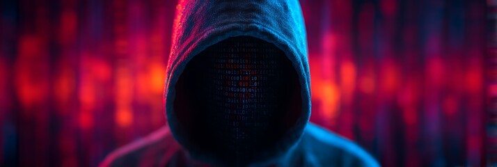 A dark, mysterious figure in a hoodie with a digital display instead of a face, set against a vibrant, abstract background of red and blue lights.