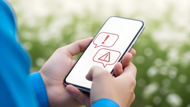 Person holding a smartphone displaying notification icons with exclamation marks and alert symbols in chat bubbles