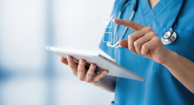 Healthcare professional using tablet with checklist - Powered by Adobe