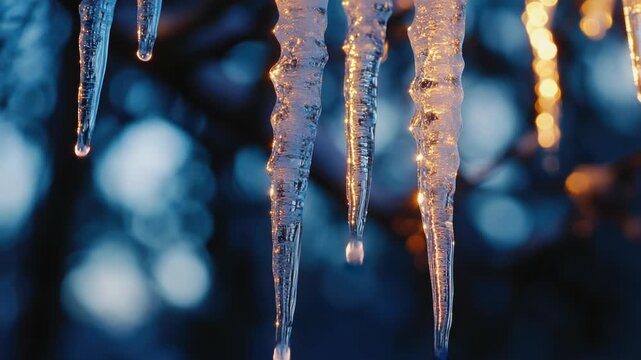 Video Frozen icicles hanging from a tree branch in the dark, perfect for winter or holiday scenes
