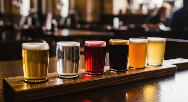 Variety of beer tasters on wooden board