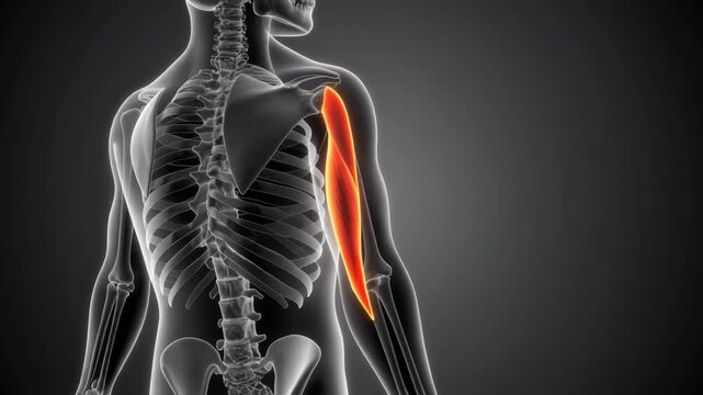 Biceps brachii muscle highlighted on a human skeleton animation