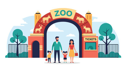 Happy family entering the zoo through the main entrance gate during a holiday trip. Ideal for family travel, tourism, outdoor adventure, and leisure illustrations