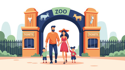 Happy family entering the zoo through the main entrance gate during a holiday trip. Ideal for family travel, tourism, outdoor adventure, and leisure illustrations