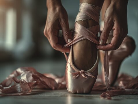 Ballerina tying pointe shoes with ribbons in a studio setting