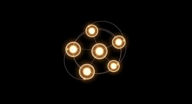 Abstract digital illustration of connected glowing spheres on a dark background.