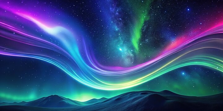 Colorful aurora waves dance across the night sky above a serene landscape