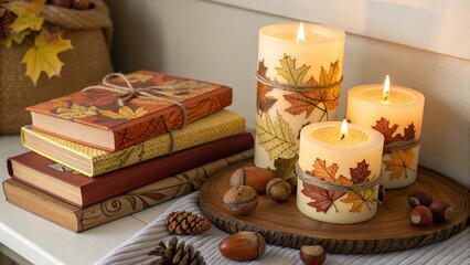 Fototapeta premium Warm autumn atmosphere with candles, books, and natural decorations for cozy evenings at home