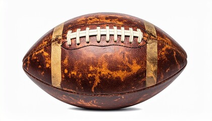 Close-Up of Brown American Football with White Laces and Stripes on Textured Leather Surface