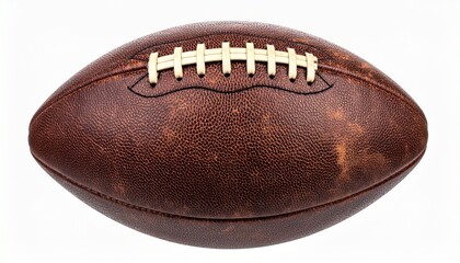 Close-Up of Brown American Football with White Laces and Stripes on Textured Leather Surface