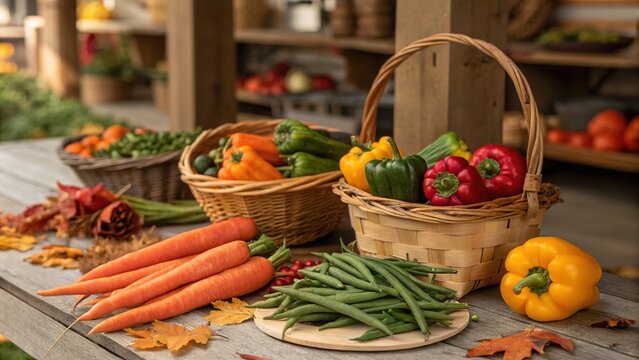 Colorful autumn market featuring fresh vegetables in baskets on a rustic wooden table