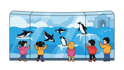 Children observing penguins swimming inside a glass exhibit at the zoo. Ideal for wildlife education, aquatics, and zoo tourism themes