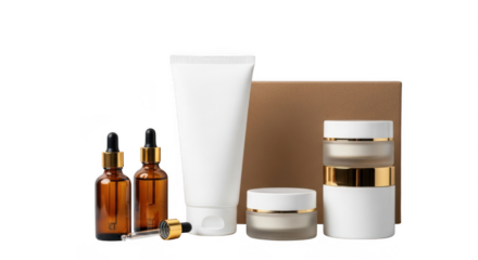 Set of cosmetic products including bottles, jars, and tubes arranged on a transparent background