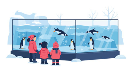 Children observing penguins swimming inside a glass exhibit at the zoo. Ideal for wildlife education, aquatics, and zoo tourism themes