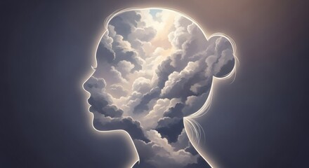 Woman's head filled with clouds, symbolizing inner thoughts