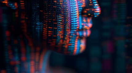 A digital silhouette of a face illuminated by colorful code and data streams, symbolizing technology and artificial intelligence.