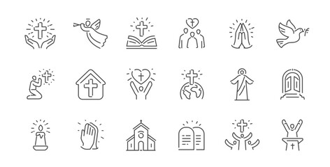 Religion and biblical outline icons set. Prayer, faith, spiritual symbols. Worship concept