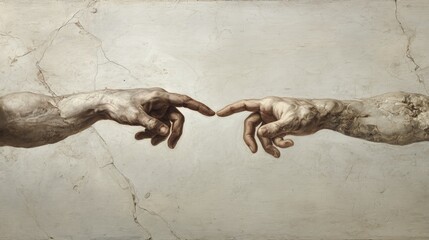Realistic muscular hands reaching toward each other in a Creation of Adam pose with vintage fresco texture.
