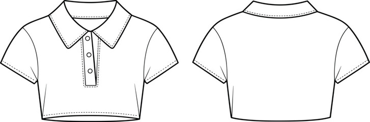 Cropped polo shirt flat sketch vector illustration front and back technical fashion flat template sewing pattern editable outline minimalist monochrome