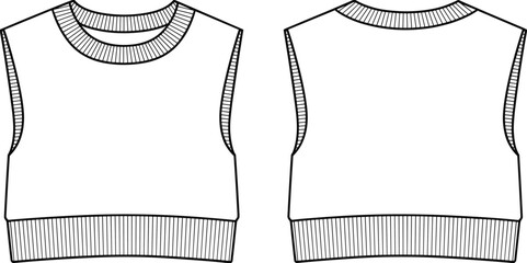 Sleeveless ribbed knit sweater vest vector flat sketch front and back fashion technical illustration editable EPS pattern template line art