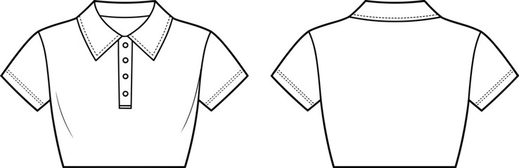 Vector technical flat illustration of women’s cropped polo shirt with collar, button placket, short sleeves, front and back fashion design