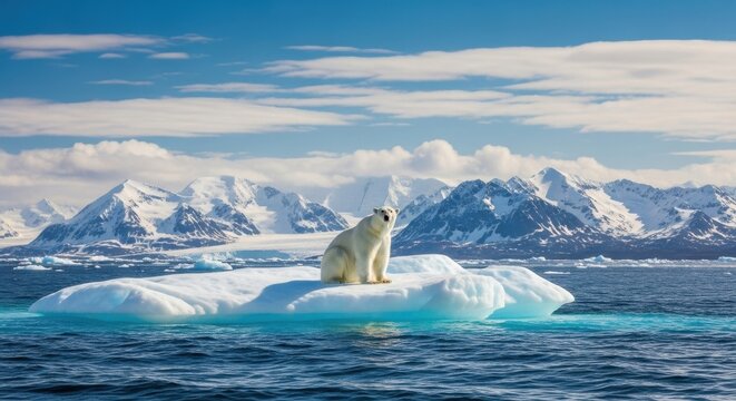 Majestic polar bear sits on iceberg with snowy mountains