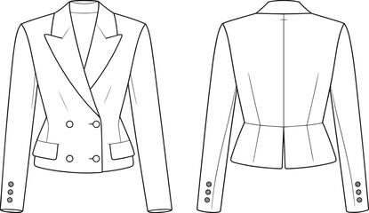 Vector technical flat of double-breasted tailored women's blazer with notched lapel, flap pockets, long sleeves, fitted waist and peplum back