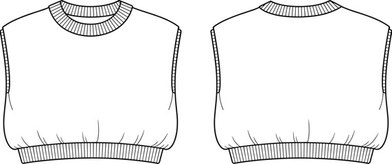 Vector technical flat of sleeveless cropped sweater with ribbed crewneck and hem front and back fashion template apparel design illustration